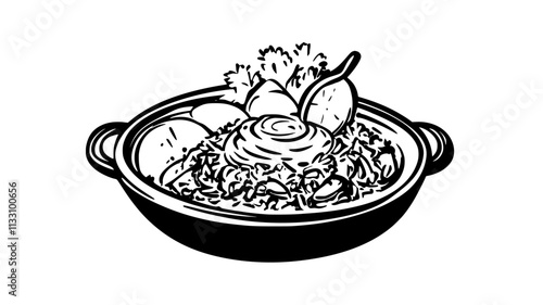 Biryani served in a dish with raita and a side of lemon slices, Food Illustration