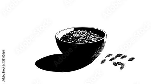 Bowl filled with muesli beside a few muesli pieces scattered on the table, Food Illustration