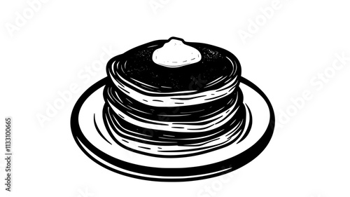 Breakfast plate with a stack of three round buttermilk pancakes, Food Illustration