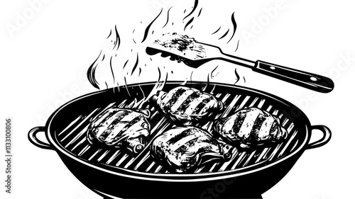 Chicken thighs being flipped on a barbecue grill with smoke rising, Food Illustration