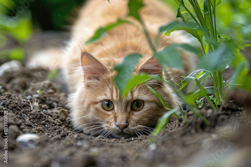 A ginger cat crouched low and prepared to pounce while hunting rodents. The cat hunts mice. photo