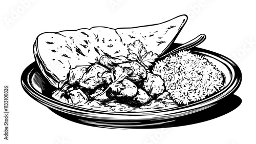 Chicken tikka masala with naan and rice, Food Illustration