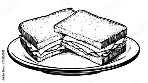 Close-up of a classic deli sandwich cut in half on a white ceramic dish, Food Illustration
