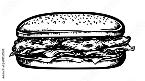 Close-up of a chicken burger with visible layers, resting on a simple background, Food Illustration