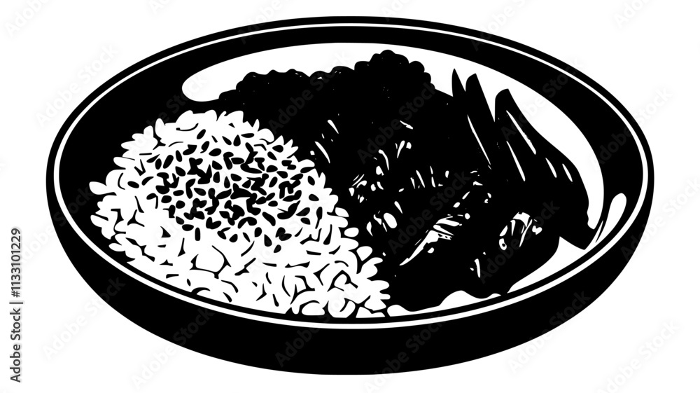 Fototapeta premium Teriyaki beef slices served with rice and steamed vegetables, Food Illustration