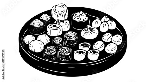 Dim sum placed on a platter with a variety of fillings and garnishes, Food Illustration