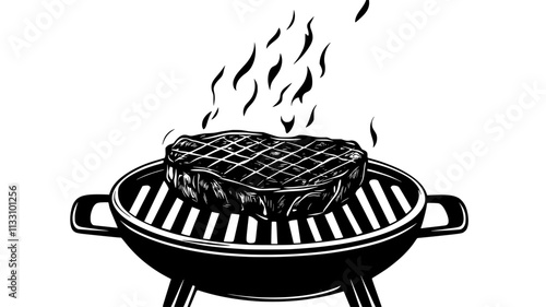 Filet mignon cooking on a hot grill with smoke rising, Food Illustration