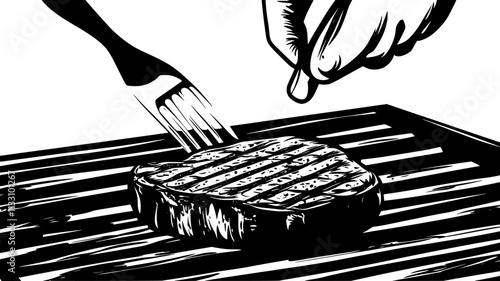 Filet mignon being flipped on a grill with visible grill marks, Food Illustration