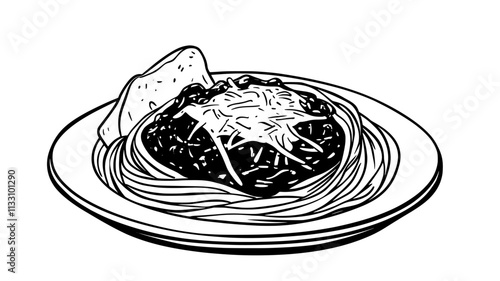 Dish of spaghetti topped with tomato sauce and grated cheese, served with garlic bread, Food Illustration