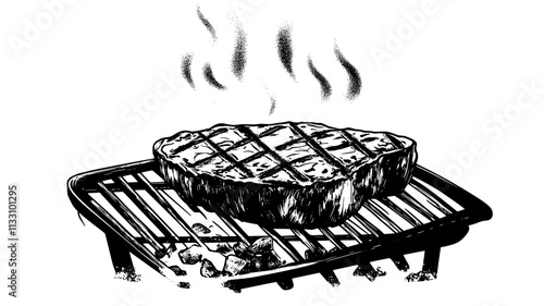 Filet mignon resting on a grill with coals glowing underneath, Food Illustration