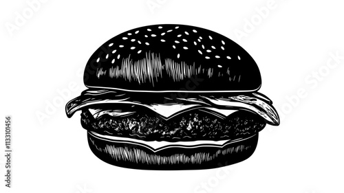 Gourmet burger with various fillings, placed horizontally on a clean surface, Food Illustration