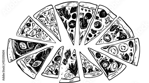 Vegetarian pizza slices arranged in a fanned-out pattern with visible toppings, Food Illustration
