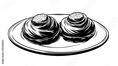 Pair of danishes side by side on a white plate, Food Illustration