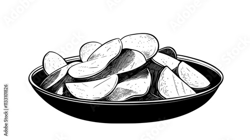 Pile of potato chips arranged in a shallow, round dish with visible texture on a table, Food Illustration