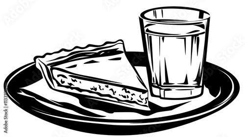 Plate with quiche slice, glass of water, and napkin on the side, Food Illustration