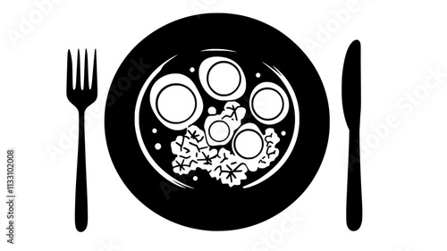 Plated egg dishes with scrambled eggs, placed beside utensils on a table, Food Illustration