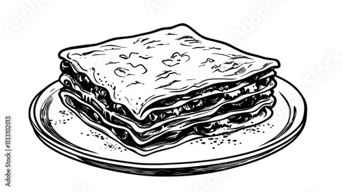 Portion of baked lasagna with layers of pasta, cheese, and sauce, served with bread, Food Illustration