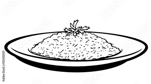 Portion of risotto arranged in a mound, with herb garnish on a simple plate, Food Illustration