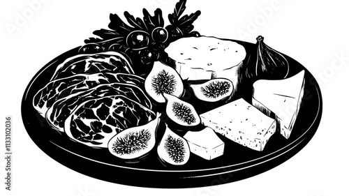 Prosciutto slices presented alongside cheese wedges and figs on a platter, Food Illustration