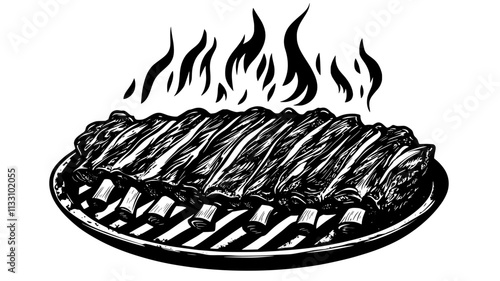 Rack of ribs cooking on a grill with smoke and flames underneath, Food Illustration