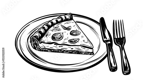 Quiche slice on a plate with a small bowl of garnish beside it, Food Illustration