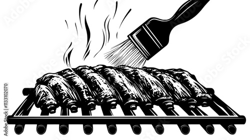 Rack of ribs being basted on a grill with smoke rising, Food Illustration
