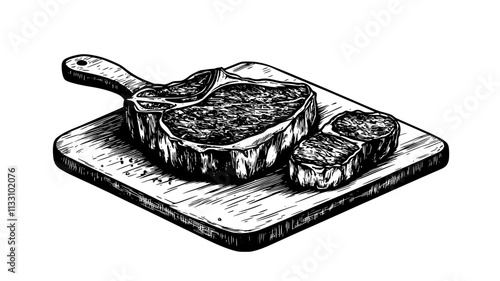 Ribeye steak partially sliced on a cutting board, with the rest beside it, Food Illustration