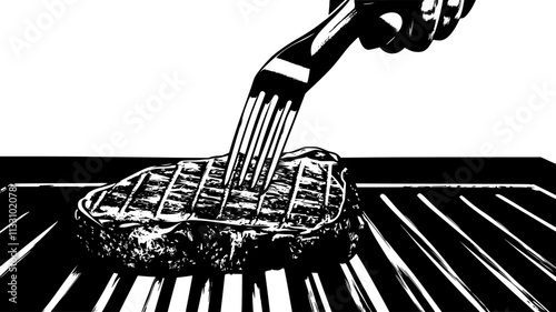 Ribeye steak being flipped on a grill with tongs visible, Food Illustration