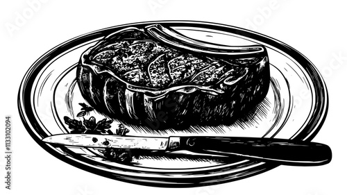 Ribeye steak served on a platter with knife and fork beside it, Food Illustration