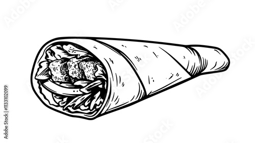 Rolled wrap with grilled meat and vegetables, positioned diagonally, Food Illustration