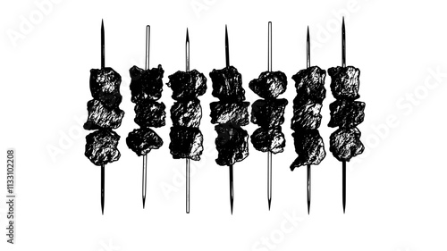 Series of beef kebabs on a grill, turned at identical angles, Food Illustration