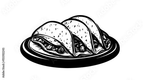 Serving of tacos with fillings spilling slightly from the folded tortillas, on a round plate, Food Illustration