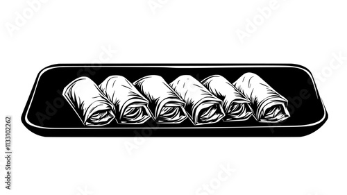 Spring rolls methodically positioned on a long, rectangular plate, Food Illustration