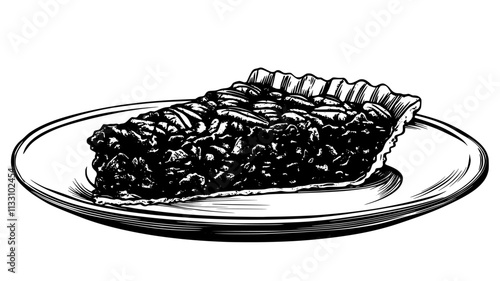 Slice of pecan pie on a plate, showing the dense filling and crisp crust, Food Illustration
