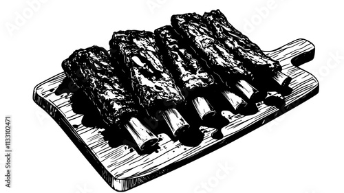 Sliced ribs on a cutting board with sauce pooling around, Food Illustration