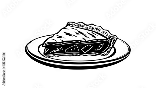 Slice of pie on a plate, showing baked apples and a flaky, intact crust, Food Illustration
