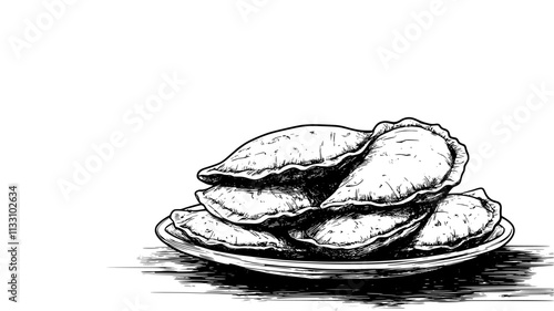 Stack of beef empanadas on a rustic wooden table with steam rising, Food Illustration