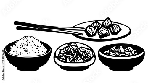 Sweet and sour chicken arranged next to rice on a dining table, Food Illustration