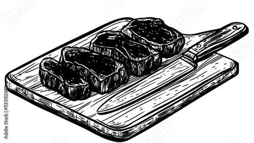 Two steaks on a hot grill with flames underneath, Food Illustration
