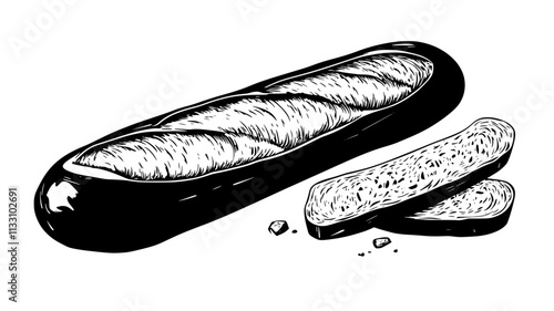 Top view of baguette loaf on flat surface with slices cut, Food Illustration