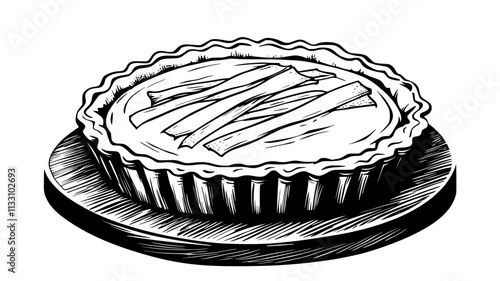 Tart filled with lemon curd, garnished with thin strips, set on a wooden board, Food Illustration