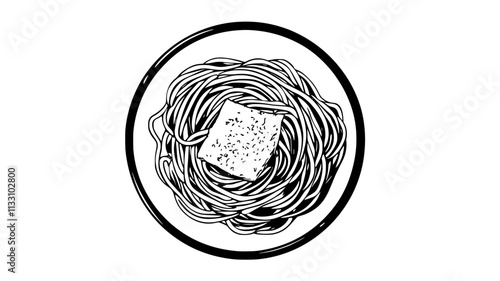 Top-down view of spaghetti carbonara with visible pasta strands, sauce, and grated cheese, Food Illustration