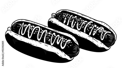 Pair of gourmet hot dogs with artisanal ingredients, Food Illustration