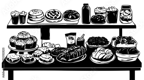 Various danishes displayed on bakery counter near pastries, Food Illustration