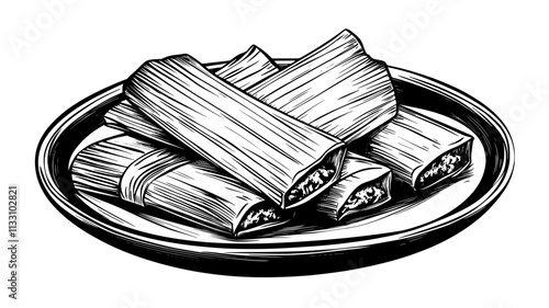 Top-down view of tamales with corn husks wrapped around the filling, neatly arranged on a dish, Food Illustration