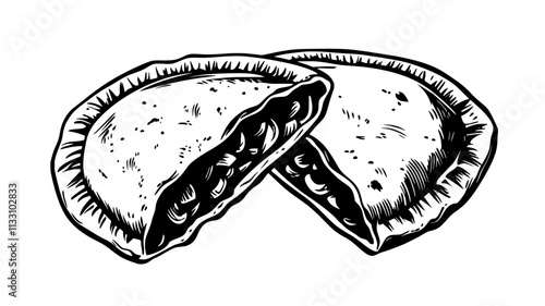 Vegetarian empanada cut in half, showing mixed filling, Food Illustration
