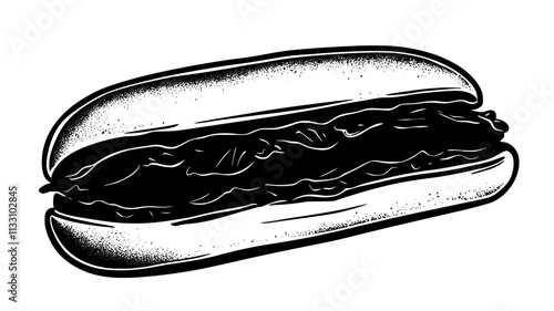 Open-faced veggie sub showing vegetables in a soft roll, Food Illustration