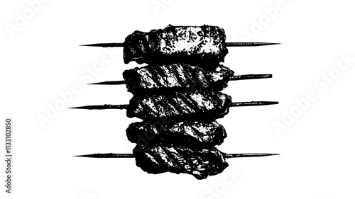Vertical stack of grilled meat, slowly rotating on a rotisserie, Food Illustration