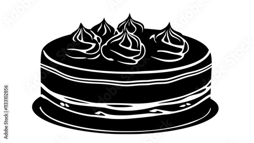 Whole cake with smooth surface, topped with symmetrical decorations, Food Illustration