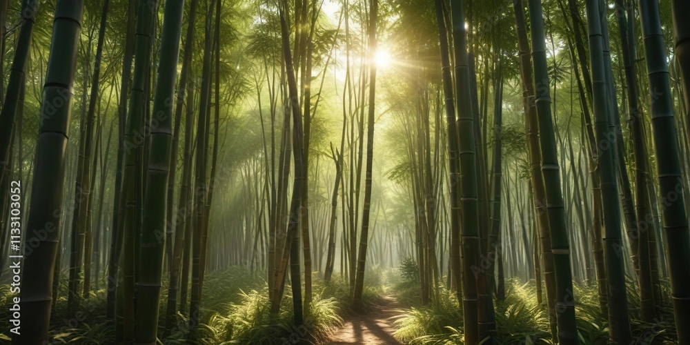 Fototapeta premium Dense bamboo grove with sunlight filtering through the stalks , foliage, serene landscape, nature photography